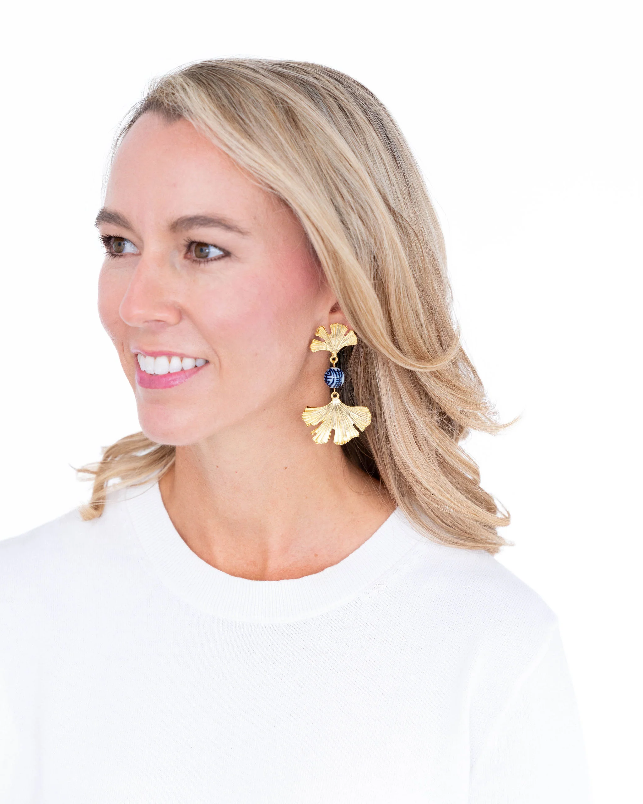 Blue & White Ginkgo Earrings - Image 2