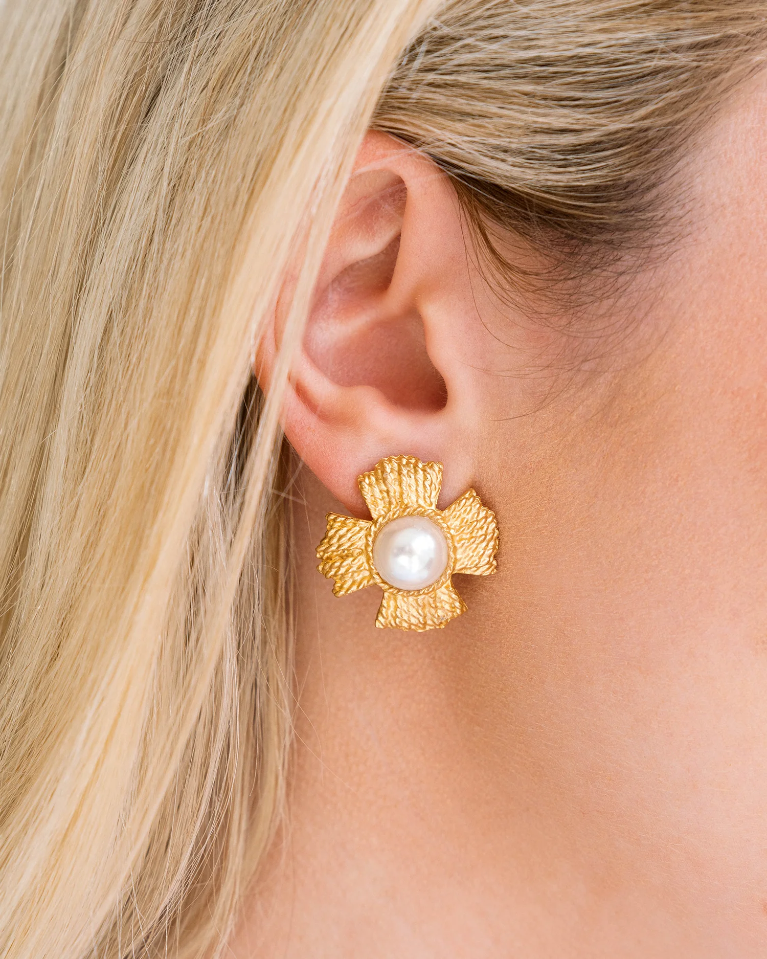 Braided Cross Pearl Studs - Image 3