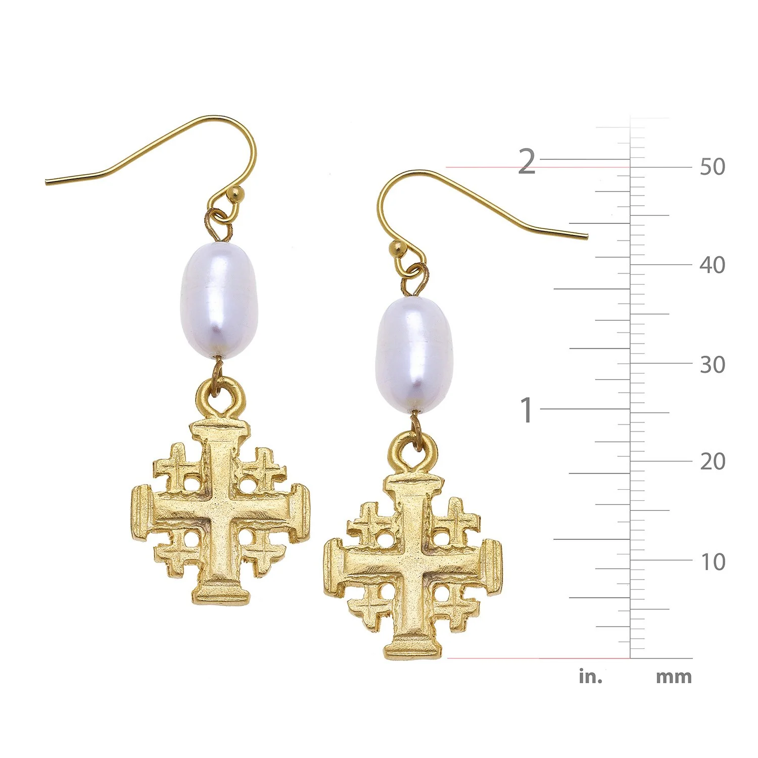 Jerusalem Cross Pearl Drop Earrings - Image 4