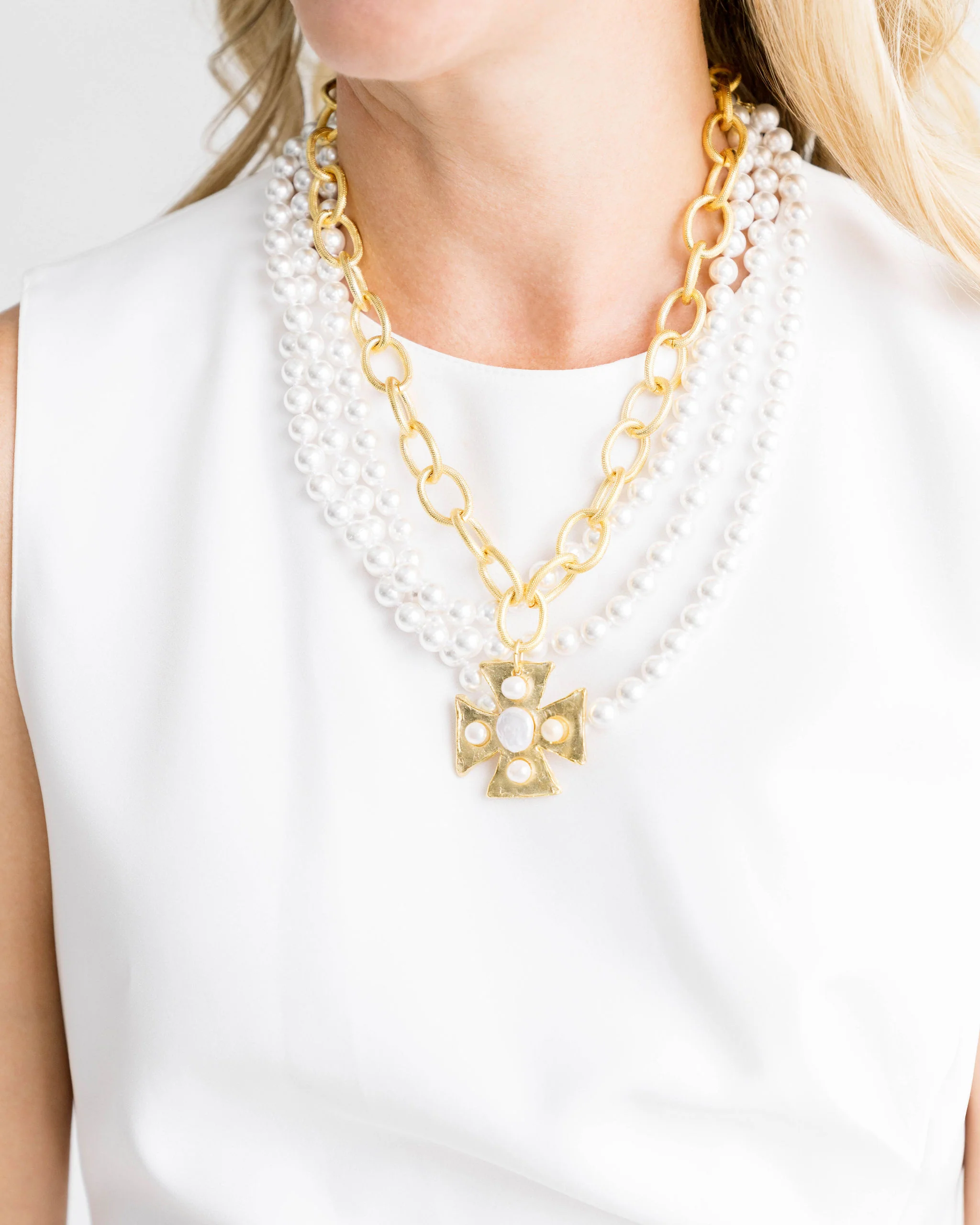 Maltese Cross Multi-Strand Pearl Necklace - Image 3