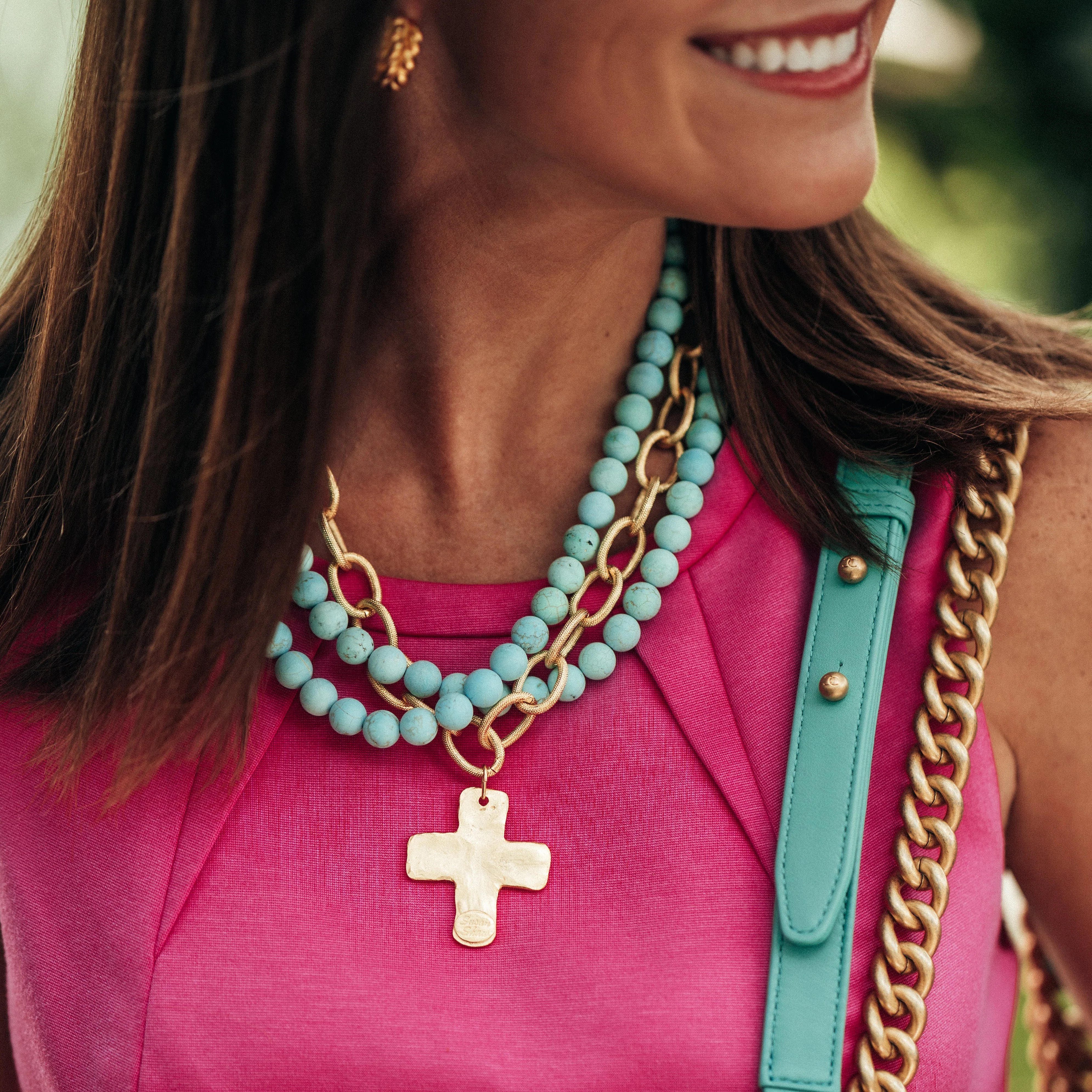 Matte Turquoise Multi-Strand Cross Necklace - Image 4