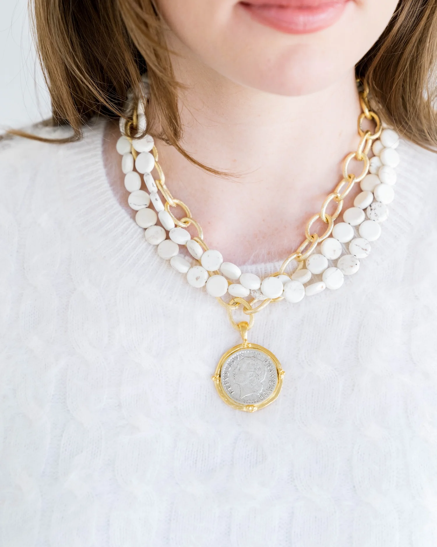 Mixed Metal Coin Multi-Strand White Turquoise Necklace - Image 3