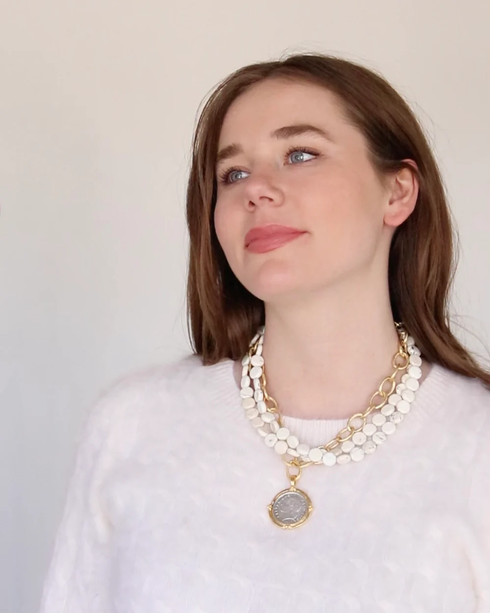 Mixed Metal Coin Multi-Strand White Turquoise Necklace - Image 4