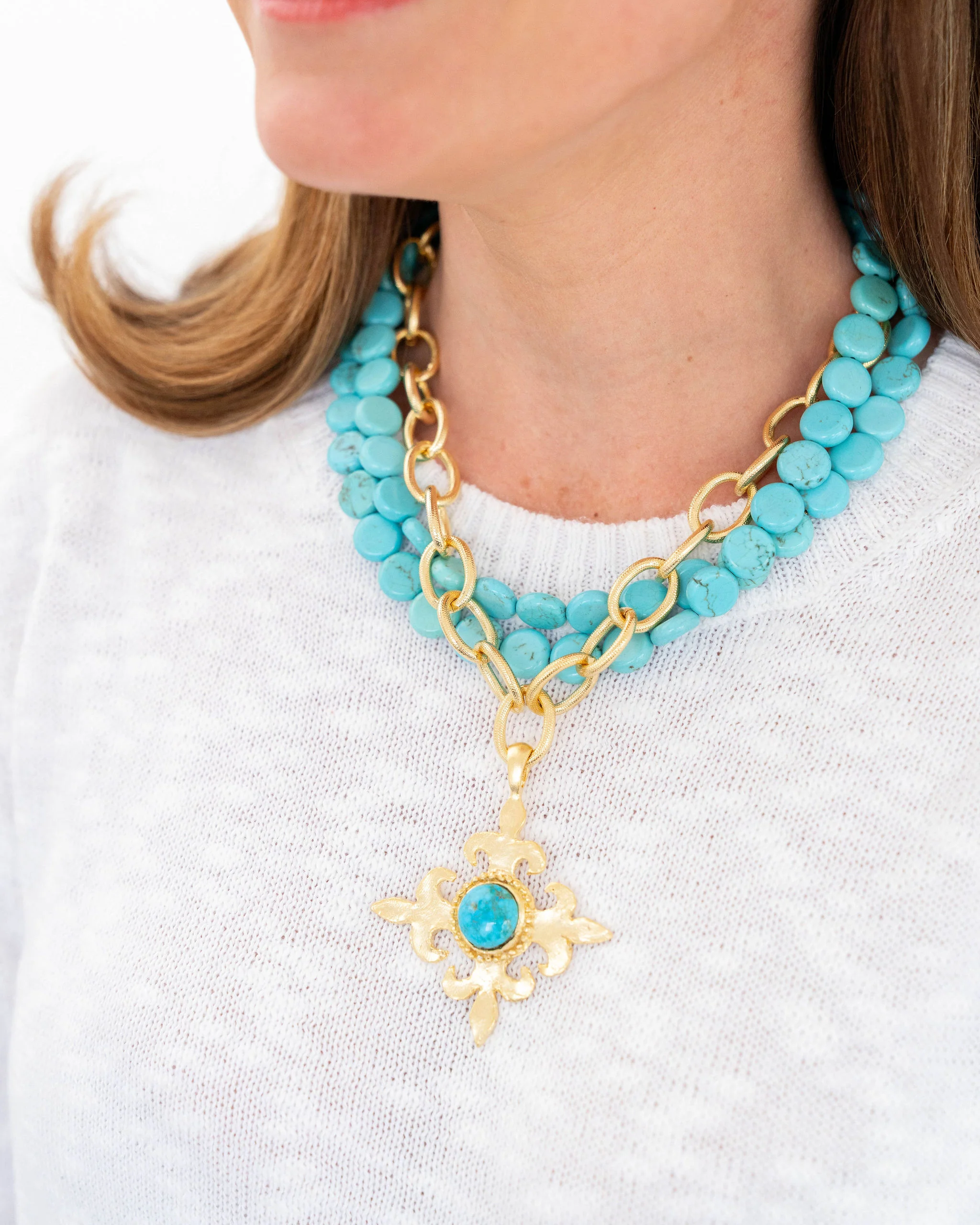 Fleur Cross Multi-Strand Turquoise Necklace - Image 3