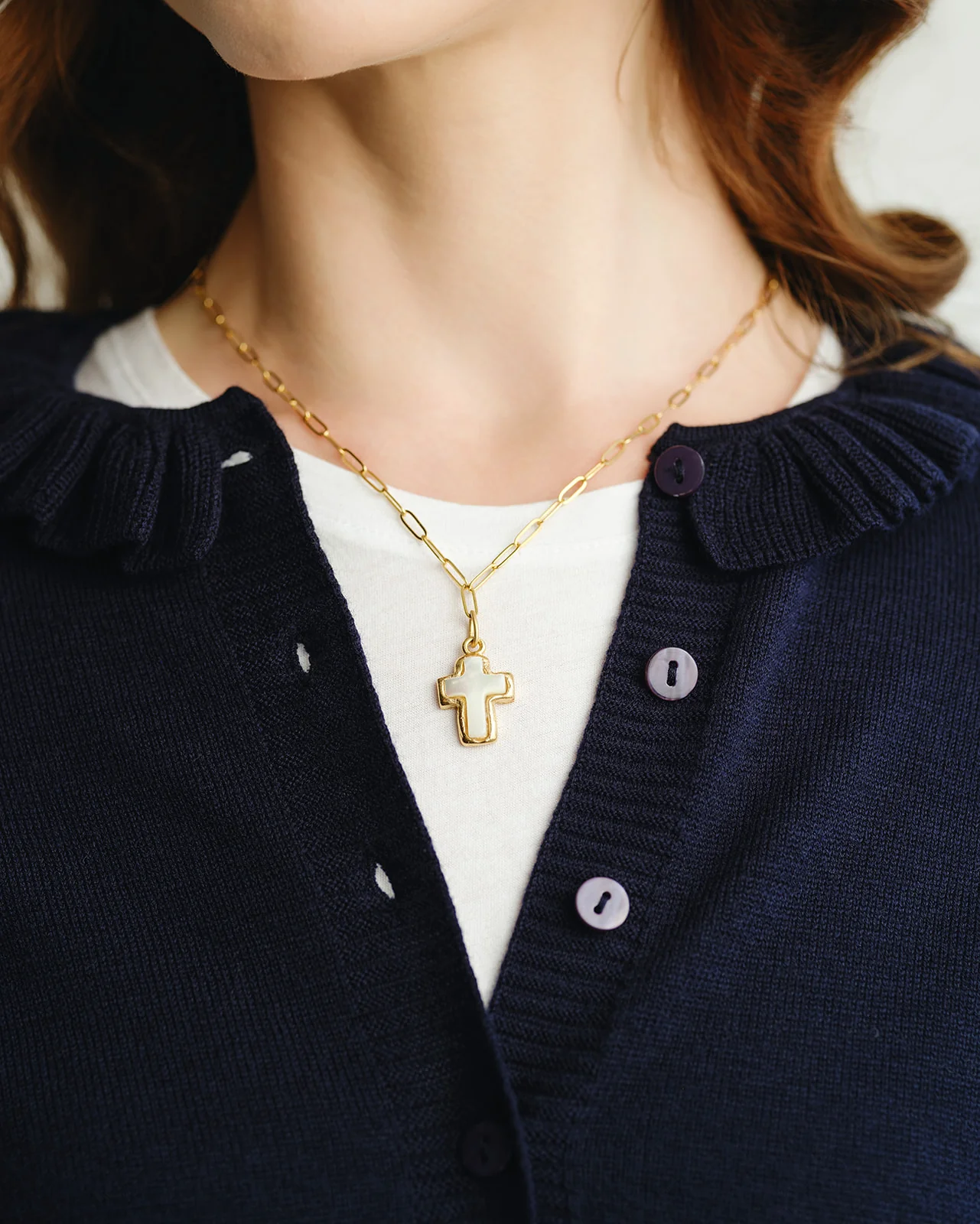 Small Mother of Pearl Cross Paperclip Necklace - Image 3